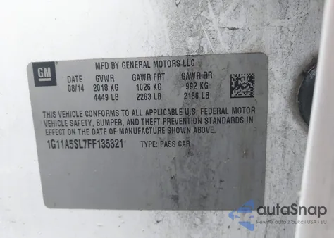 2015 Chevrolet Malibu 1Fl из США, поврежденный, VIN 1G11A5SL7FF135321